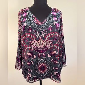 Bohemian burn out velvet blouse with bell sleeves, 2X, NWOT